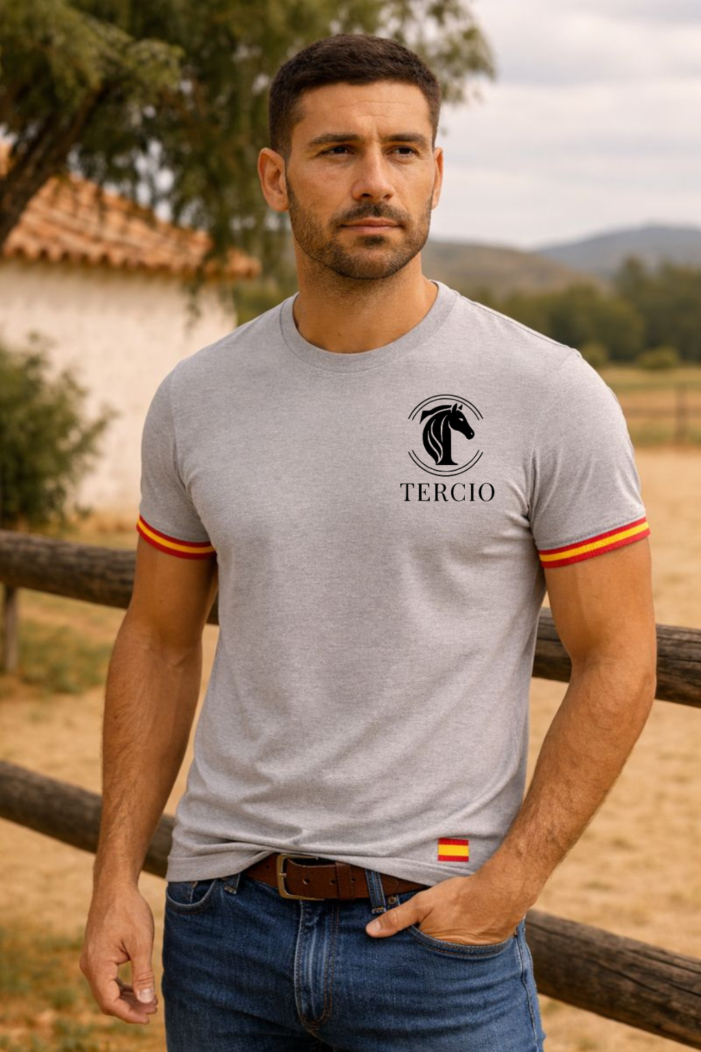 Camiseta hombre gris TERCIO con bandera España – estilo español